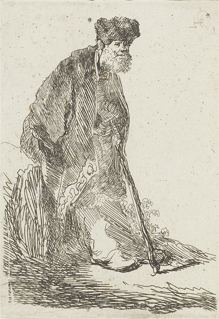 Etching, "Man in Cloak and Fur Cap Leaning Against a Bank" (c. 1630), Rembrandt Van Rijn