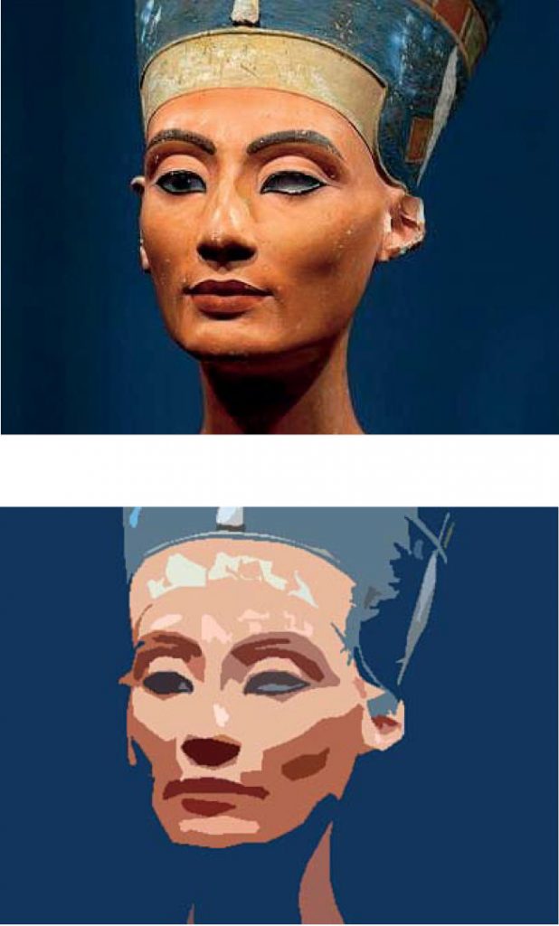 Top: Bust of Nefertiti in the original. Bottom: Digital abstraction of the bust of Nefertiti.